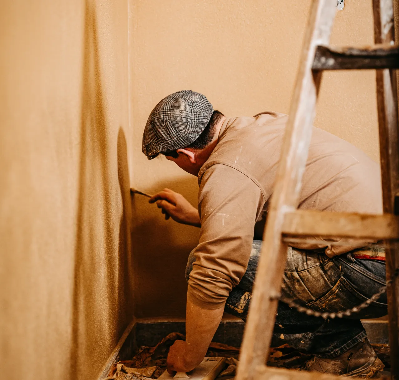 Handwerker trägt Lehmputz in einer Nische auf, daneben eine Leiter